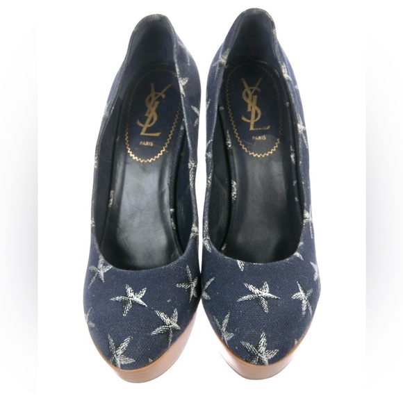 YSL YVES SAINT LAURENT Starfish Print Canvas Platform Wedge Size 9.5 US EU 39.5 - Picture 2 of 13